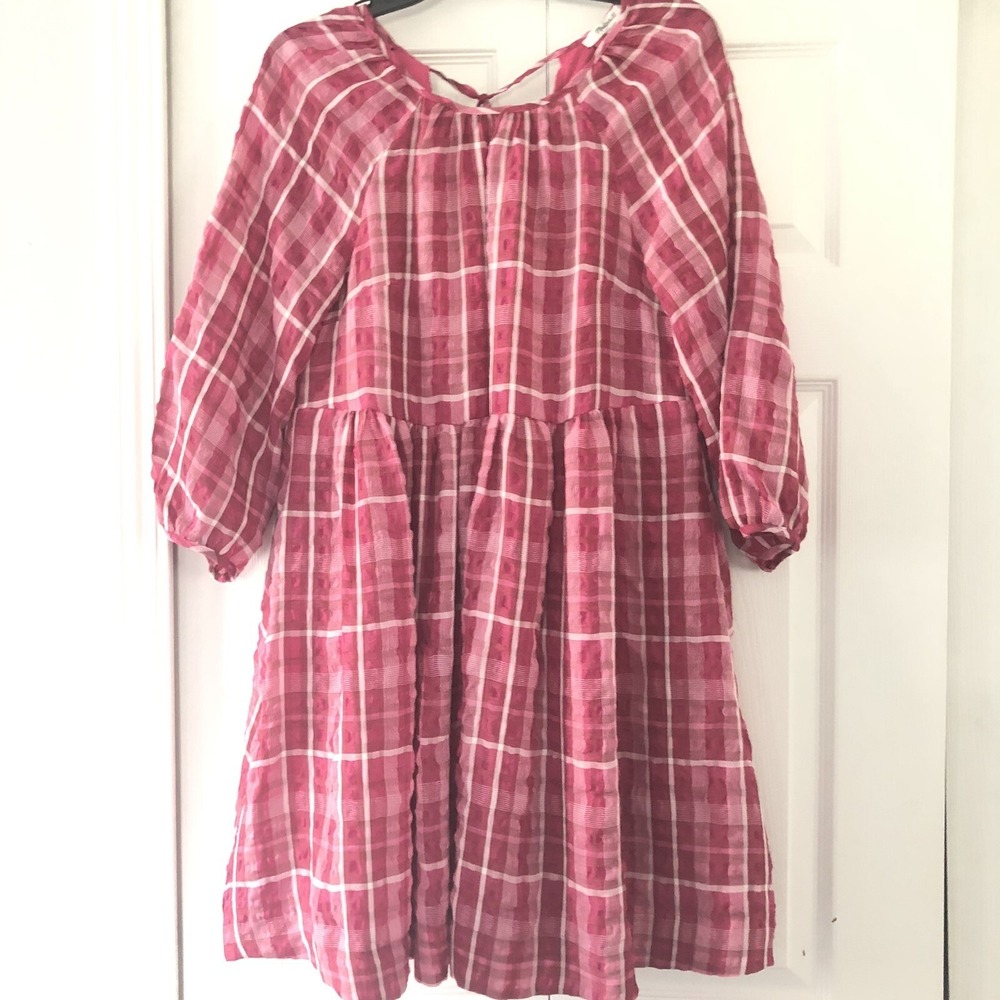 Madewell Pink Sz XS‎ White Plaid Shirred Babydoll Mini Dress